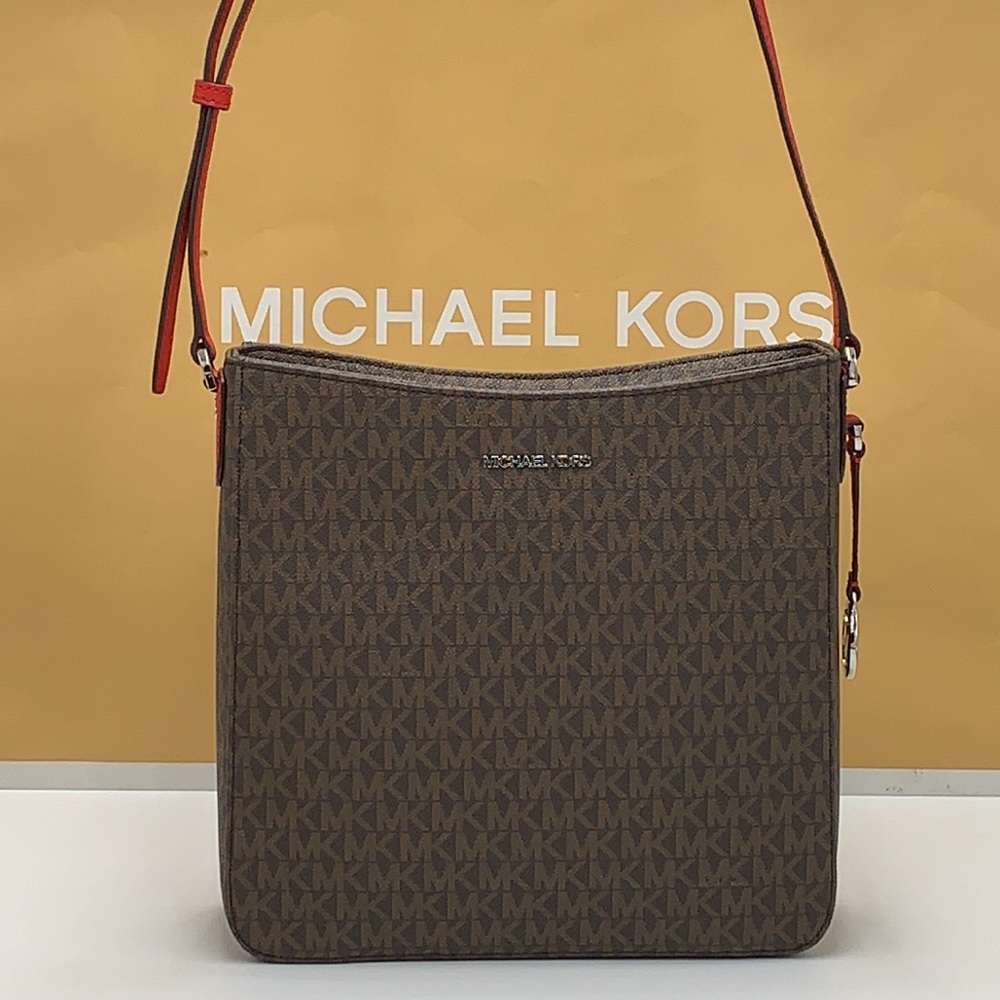 MICHAEL KORS 
Jet Set Travel Large Logo Messenger Bag BRIGHT RED/BROWN SIGNATURE - Picture 8 of 16